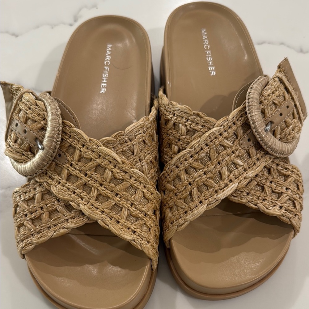 Marc Fisher Tan Woven Mules with Basketweave Design, like new!